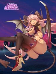 1girl artist_request ass body_markings breasts building chain character_request city demon_girl demon_tail demon_wings earrings fangs floating_hair gloves gold grey_eyes high_heels highres horn_ornament horn_ring horns jewelry large_breasts leg_up lips long_hair lusty_odyssey night nutaku open_mouth pink_hair pointy_ears purple_sky sending_kiss shoes sky smile soles tail thighhighs wings