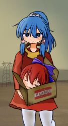 Rule 34 | 2girls, blue eyes, blue hair, blush, bow, box, closed mouth, commentary request, cowboy shot, disembodied head, expressionless, eyes visible through hair, ghost tail, green sky, hair bow, hair tubes, high ponytail, highres, holding, holding box, long hair, looking at viewer, miyadeguchi mizuchi, multiple girls, outdoors, parody, ponytail, purple bow, red hair, red shirt, se7en, sekibanki, shirt, short hair, sidelocks, sky, touhou, transmission tower, yukkuriraiden