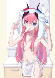 1girl absurdres after_bathing bathroom black_horns blue_eyes blue_hair breasts commentary_request convenient_censoring delta_(honkai_impact) erio_dazima food food_in_mouth hair_censor hair_over_breasts highres honkai_(series) honkai_impact_3rd horns indoors long_hair multicolored_hair navel pink_hair popsicle popsicle_in_mouth rozaliya_olenyeva small_breasts solo standing stomach streaked_hair towel towel_on_head two-tone_hair