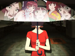 Rule 34 | 1girl, black hairband, blood, blood on face, blood on hands, brown eyes, character print, collarbone, facing viewer, gloves, green headwear, hairband, hand on own face, hat, holding, holding umbrella, japanese clothes, kimono, lightofheaven, mole, mole under eye, multiple persona, open mouth, orange kimono, outdoors, paprika, paprika (character), red eyes, red hair, red shirt, road, shaded face, shirt, short hair, short sleeves, smile, solo, street, surprised, umbrella, upper body, white gloves, wide-eyed