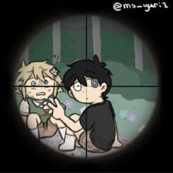 !? 2boys alternate_costume antenna_hair arm_support artist_name basil_(faraway)_(omori) basil_(omori) black_eyes black_hair black_shirt blonde_hair blue_eyes brown_shorts chibi chibi_only closed_mouth collared_shirt constricted_pupils flower green_sweater_vest hair_flower hair_ornament heterochromia male_focus ms_yuri1 multiple_boys omori open_mouth outdoors scope shirt short_hair shorts sitting socks spoilers sunny_(omori) sweat sweater_vest t-shirt twitter_username v white_eyes white_shirt white_socks