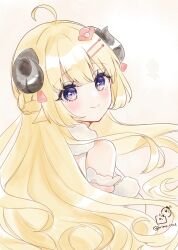 1girl ahoge animal_ears bare_shoulders blonde_hair blush braid breasts closed_mouth commentary_request dress floating_hair hair_ornament hairclip highres hololive horns long_hair looking_at_viewer looking_to_the_side medium_breasts purple_eyes rino_cnc sheep_ears sheep_girl sheep_horns sleeveless sleeveless_dress smile solo tsunomaki_watame tsunomaki_watame_(1st_costume) twitter_username very_long_hair virtual_youtuber white_dress