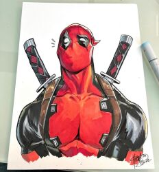 1boy black_bodysuit bodysuit dated deadpool deadpool_(series) highres katana marker marker_(medium) marvel mirka_andolfo photo_(medium) red_bodysuit red_mask signature solo sword traditional_media two-tone_bodysuit upper_body weapon weapon_on_back