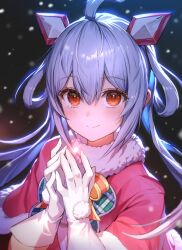 1girl ahoge blurry blurry_background christmas depth_of_field fur-trimmed_jacket fur_trim gloves grey_hair hair_ornament hair_rings highres inari_kei jacket long_hair looking_at_viewer matoi_(pso2) phantasy_star phantasy_star_online_2 pink_jacket red_eyes smile snowing solo twintails upper_body white_gloves