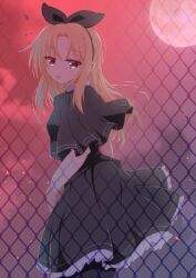 1girl black_bow black_capelet blonde_hair bow capelet chain-link_fence chataring_mai fence full_moon highres long_hair moon necktie red_moon red_sky school_uniform sky smile solo tsui_no_sora tsui_no_sora_(remake) yokoyama_yasuko