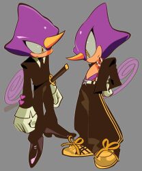 1boy arms_behind_back belt chameleon chameleon_boy closed_mouth curled_tail dress_shoes espio_the_chameleon formal_clothes furry furry_male gloves highres horns katana kosherea lizard_tail open_clothes open_shirt pants reptile_boy shoes simple_background single_horn sneakers solo sonic_(series) standing suit sword tail track_pants weapon white_gloves yellow_eyes