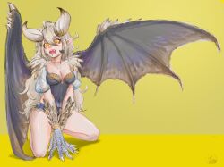 1girl ahoge animal_hands aowuawei blonde_hair breasts claws collarbone commentary_request covered_navel denim denim_shorts dragon_girl dragon_horns dragon_wings fangs feathers highres horns kneeling legs_apart leotard long_hair looking_at_viewer messy_hair monster_girl monster_hunter_(series) nergigante open_mouth personification pointy_ears scales shorts signature solo strapless strapless_leotard thighs two-tone_background v_arms wings yellow_background yellow_eyes