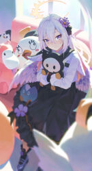 1girl angel_wings azusa_(blue_archive) blue_archive blurry chiyo_kami closed_mouth commentary_request couch depth_of_field flower hair_between_eyes hair_flower hair_ornament halo highres hugging_doll hugging_object indoors long_hair long_skirt looking_at_viewer on_couch peroro_(blue_archive) purple_eyes shirt sitting skirt solo stuffed_animal stuffed_toy white_hair white_shirt white_wings wings yellow_halo