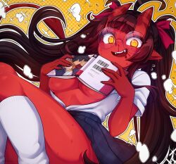 1girl @_@ black_hair blood blunt_bangs boobs_in_book_(meme) book breasts colored_skin demon_girl demon_tail freckles glasses hair_between_horns highres horns long_hair looking_at_viewer medium_breasts meme meruccubus_(merunyaa) merunyaa mole mole_under_eye nosebleed oni open_book open_clothes open_mouth open_shirt original pointy_ears red_oni red_skin round_eyewear school_uniform shirt skin-covered_horns skirt smile solo tail underboob white_shirt yellow_eyes
