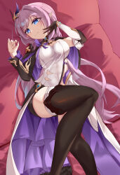 1girl absurdres black_boots black_gloves black_shorts black_shrug blue_eyes boots breasts closed_mouth commentary_request elysia_(honkai_impact) feet_out_of_frame from_above gloves hands_up highres honkai_(series) honkai_impact_3rd long_hair looking_to_the_side lying medium_breasts on_back pink_hair pointy_ears pomegranate_nana shirt shorts shrug_(clothing) sidelocks single_glove smile solo thigh_boots thighs very_long_hair white_shirt
