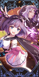 Rule 34 | 1boy, 1girl, absurdres, altheavin, ascot, black hairband, blue ascot, bow hairband, breasts, gloves, hairband, highres, hood, hoodie, large breasts, medium hair, miroku (princess connect!), misora (princess connect!), princess connect!, purple hair, red eyes, skirt, tarot, the devil (tarot), white gloves, white hair, white skirt