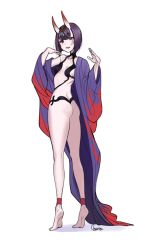1girl ankleband anklet armor ass bad_id bad_pixiv_id barefoot blue_gemstone blunt_bangs breasts breasts_apart butt_crack choker chungu detached_sleeves eyebrows eyeshadow fang fate/grand_order fate_(series) female_focus from_behind full_body gem hands_up headpiece horns jewelry legs legs_apart long_sleeves looking_at_viewer looking_back makeup mascara oni open_mouth purple_eyes purple_hair revealing_clothes short_hair shuten_douji_(fate) shuten_douji_(first_ascension)_(fate) simple_background small_breasts smile soles solo standing thick_eyebrows tiptoes twisted_torso white_background wide_sleeves