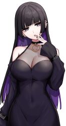 Rule 34 | 1girl, black dress, black hair, black nails, bocchi the rock!, breasts, colored inner hair, covered navel, dress, ear piercing, earrings, face piercing, grey eyes, highres, jewelry, kushinaka, labret piercing, large breasts, long hair, looking at viewer, multicolored hair, pa-san, piercing, purple hair, simple background, solo, stud earrings, white background