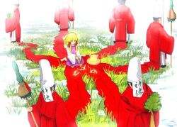 Rule 34 | 1girl, 6+boys, barefoot, black hair, blonde hair, brown hat, commentary request, full body, grass, green eyes, hat, highres, holding, holding polearm, holding weapon, japanese clothes, kariginu, long hair, masked, moriya suwako, multiple boys, polearm, purple skirt, purple vest, red robe, ritsuzou, robe, short hair, sitting, skirt, skirt set, solo focus, spear, touhou, translation request, unworn hat, unworn headwear, vest, wariza, weapon, white hat
