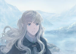 1boy androgynous blue_eyes collar elf eyelashes floating_hair fog gem grey_hair long_hair male_focus mountain orodreth outdoors parted_lips pointy_ears sky solo syaciko124 teeth the_silmarillion tolkien&#039;s_legendarium