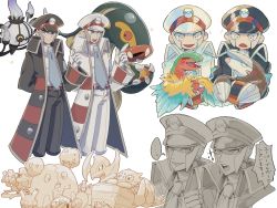 ... 2boys akamtvahosi archeops belt belt_buckle black_coat black_headwear brothers brown_belt buckle chandelure closed_mouth coat collared_shirt commentary_request creatures_(company) crustle dress_shirt durant eelektross emmet_(pokemon) excadrill galvantula game_freak garbodor gen_5_pokemon gloves grey_eyes grey_hair hand_up hat haxorus high_collar highres holding holding_pokemon index_finger_raised ingo_(pokemon) klinklang long_sideburns long_sleeves male_focus multiple_boys nintendo notice_lines pants partially_colored peaked_cap pokemon pokemon_(creature) pokemon_bw shirt short_hair siblings sideburns smile spoken_ellipsis star_(symbol) translation_request trench_coat white_background white_coat white_gloves white_headwear white_pants white_shirt