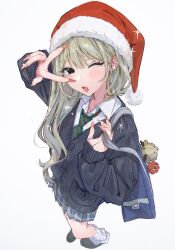 Rule 34 | 1girl, ;o, bag charm, black cardigan, blonde hair, blush, cardigan, charm (object), commentary, diagonal-striped clothes, diagonal-striped necktie, fingernails, full body, fur-trimmed headwear, fur trim, green necktie, gyaru, hamafugu, hat, highres, kogal, long fingernails, long sleeves, looking at viewer, loose socks, necktie, one eye closed, original, plaid clothes, plaid skirt, pleated skirt, red hat, santa hat, school swimsuit, school uniform, simple background, skirt, socks, solo, striped clothes, swimsuit, v, v over eye, white background, white socks