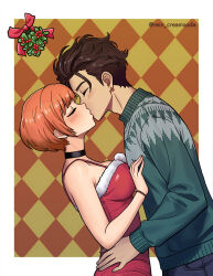 Rule 34 | 1boy, 1girl, alternate costume, argyle background, artist name, bare shoulders, blush, breast press, breasts, christmas, claude von riegan, closed eyes, dark-skinned male, dark skin, dress, fire emblem, fire emblem: three houses, fire emblem warriors: three hopes, green sweater, hands on another&#039;s chest, hands on another&#039;s waist, kiss, large breasts, leonie pinelli, mistletoe, nintendo, off shoulder, official alternate hairstyle, orange hair, ponytail, rein creamsoda, santa costume, santa dress, short hair, sweater, twitter username