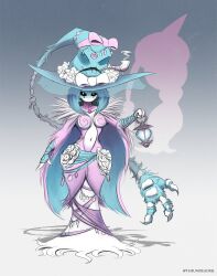 Rule 34 | 1girl, absurdres, adapted costume, black sclera, blue cape, blue gloves, blue hair, blue hat, bow, breasts, cape, center opening, claws, colored sclera, colored skin, dress, extra eyes, fingerless gloves, flower, fur-trimmed dress, fur cape, fur trim, gen 8 pokemon, gloves, hat, hat bow, hat flower, hatterene, highres, holding, holding lantern, humanization, lantern, light smile, living clothes, long dress, long sleeves, looking at viewer, medium hair, mermaid dress, navel, nintendo, pink bow, pink cape, pink dress, pipe in mouth, pokemon, silhouette, smoking, smoking pipe, solo, theundeadeel, two-sided cape, two-sided fabric, two-tone dress, white bow, white dress, white eyes, white flower, white skin, witch, witch hat