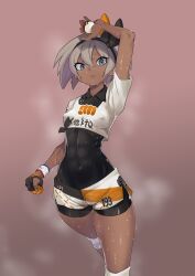 1girl abs absurdres bea_(pokemon) black_leotard blue_eyes breasts covered_erect_nipples crop_top dark-skinned_female dark_skin expressionless fingerless_gloves gloves grey_hair gujira highres holding holding_poke_ball leotard leotard_under_clothes looking_at_viewer nintendo poke_ball pokemon pokemon_swsh short_hair short_shorts shorts small_breasts solo steaming_body sweat thighs toned toned_female very_sweaty