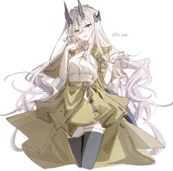 1girl alternate_costume arknights black_thighhighs blonde_hair breasts coat commentary_request de_1aw dragon_horns gradient_hair green_eyes highres horns long_hair looking_at_viewer medium_breasts multicolored_hair necrass_(arknights) open_mouth purple_hair shirt sidelocks simple_background sleeveless sleeveless_shirt smile solo thighhighs twitter_username very_long_hair wavy_hair white_background white_shirt yellow_coat