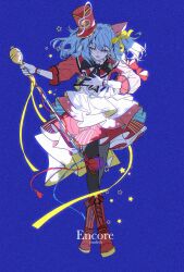 Rule 34 | 1girl, :d, apron, black bow, black bowtie, black pantyhose, blue background, blue eyes, blue hair, boots, bow, bowtie, cane, commentary, dress, full body, hair ribbon, hand on own chest, hat, hatsune miku, highres, holding, holding cane, lace-up boots, long sleeves, medium hair, open mouth, pantyhose, red boots, red dress, red hat, ribbon, simple background, smile, solo, standing, sunfish3939, vocaloid, white apron, yellow ribbon