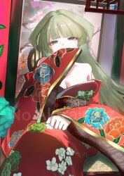 1girl absurdres blonde_hair breasts cleavage covering_own_mouth ekuraharu2 floral_print floral_print_kimono hashtag-only_commentary highres japanese_clothes kimono long_hair looking_at_viewer original print_kimono red_kimono sitting solo wide_sleeves