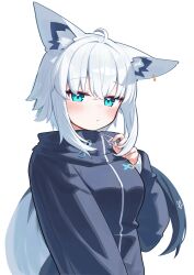 1girl absurdres animal_ears black_jacket blue_eyes deaver fox_ears fox_girl fox_tail highres hololive jacket looking_at_viewer pentagram shirakami_fubuki simple_background solo tail upper_body virtual_youtuber white_background white_hair