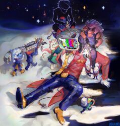 2girls 6+boys absurdres ant_tenna black_boots black_gloves blue_pants boots bracelet cable commentary crack cracked_screen deltarune elnina_(deltarune) english_commentary full_body gloves hand_on_another&#039;s_face healing highres ink-ami jacket jewelry lanino_(deltarune) mechanical_arms missing_limb multiple_boys multiple_girls necktie object_head pants pink_hair pippins_(deltarune) prosthesis prosthetic_arm radio_antenna ralsei reclining red_jacket shadowguy_(deltarune) shoes signature sitting_on_shoulder sparkle spiked_arm spiked_bracelet spikes standing static susie_(deltarune) television welding yellow_necktie yellow_shoes zapper_(deltarune)