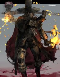Rule 34 | 1boy, absurdres, bloodborne, boom hammer, boots, full body, gauntlets, gloves, highres, holding, holding weapon, nslacka, old hunter (bloodborne), solo, standing, torch, weapon
