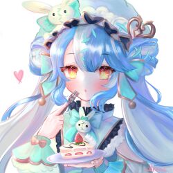 absurdres blue_hair cheesecake cutestshiinoa food fork hair_ornament highres lolita_fashion nijisanji nijisanji_en orange_eyes rabbit_hair_ornament twintails twisty_amanozako virtual_youtuber
