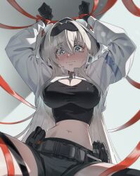 1girl absurdres animal_ears arknights arms_up aurora_(arknights) bear_ears bear_girl black_gloves black_shirt blue_eyes blush breasts cleavage commentary_request crop_top dalgogi_(moonfish_1302) gloves hair_intakes highres hood hood_up hooded_jacket jacket korean_commentary large_breasts long_sleeves looking_at_viewer midriff navel red_ribbon restrained ribbon scared shirt solo white_hair white_jacket