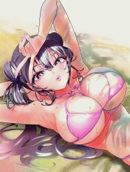 Rule 34 | 1girl, arm behind head, armpits, bikini, bikini day, breasts, brown eyes, brown hair, cleavage, commentary request, double bun, hair between eyes, hair bun, hashtag-only commentary, heart bikini, highres, kabaya yumiko, kakunaru ue wa, large breasts, lips, long hair, looking at viewer, lying, miyamoto niina, on back, pink bikini, sand, solo, swimsuit, upper body, v, v over head