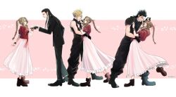 1girl 3boys aerith_gainsborough armor baggy_pants bangle belt bindo black_boots black_gloves black_hair black_jacket black_pants black_shoes black_suit blonde_hair blue_eyes blue_shirt boots border bracelet braid braided_ponytail breasts brown_belt brown_boots brown_hair closed_mouth cloud_strife couple cropped_jacket dancing dress earrings eye_contact final_fantasy final_fantasy_vii final_fantasy_vii_remake floral_background foot_up formal_clothes full_body gloves green_eyes hair_between_eyes hair_ribbon hair_slicked_back hand_on_another&#039;s_chest hand_on_another&#039;s_hip hand_on_another&#039;s_waist height_difference hetero holding_hands jacket jewelry leaning_back leaning_forward long_dress long_hair looking_at_another medium_breasts multiple_belts multiple_boys open_mouth outside_border pants parted_bangs pink_background pink_dress pink_ribbon profile puffy_short_sleeves puffy_sleeves red_jacket ribbed_sweater ribbon s_kouta_s shirt shoes short_hair short_sleeves shoulder_armor sidelocks single_bare_shoulder single_braid sleeveless sleeveless_turtleneck smile spiked_hair standing standing_on_one_leg suit suit_jacket suspenders sweater tseng turtleneck turtleneck_sweater twitter_username wavy_hair white_border zack_fair
