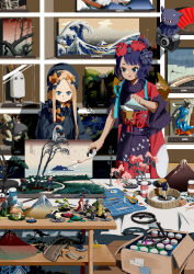 2girls abigail_williams_(fate) abigail_williams_(first_ascension)_(fate) absurdres animal_print bird_print black_bow black_dress black_hair black_hat black_kimono blue_eyes bow camera commentary concentrating crinoids dress fate/grand_order fate_(series) fine_art_parody hair_bow hair_ornament hat highres holding holding_camera japanese_clothes katsushika_hokusai_(fate) kimono long_hair medjed_(fate) multiple_girls nihonga nitocris_(fate) nitocris_(fate/grand_order) nitocris_(swimsuit_assassin)_(fate) nitocris_(swimsuit_assassin)_(first_ascension)_(fate) octopus open_mouth parody scenery short_hair tokitarou_(fate) ukiyo-e working yellow_bow