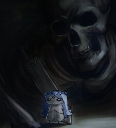 1girl absurdres black_background blue_hair chibi dress elden_ring elden_ring_nightreign flower_wreath full_body greatsword head_wreath highres huge_weapon long_hair looking_at_viewer revenant_(elden_ring) skedoodly skeleton skull sword weapon weapon_on_back white_dress