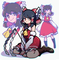 1girl ascot black_hair boots bow chromatic_aberration collared_shirt cropped_shoulders detached_sleeves expressionless frilled_bow frilled_hair_tubes frilled_skirt frills gohei green_eyes hair_between_eyes hair_bow hair_tubes hakurei_reimu highres iganashi1 japanese_clothes looking_at_viewer medium_hair multiple_views nontraditional_miko on_floor portrait red_shirt red_skirt reimu_day ribbon-trimmed_sleeves ribbon_trim seiza shirt short_hair sidelocks sitting skirt skirt_set sleeveless sleeveless_shirt smile standing touhou yellow_ascot