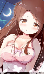 1girl bare_arms bare_shoulders blush breasts brown_eyes brown_hair cleavage collarbone crescent_moon flower_symbol highres kin-iro_mosaic long_hair looking_at_viewer matsubara_honoka medium_breasts moon night night_sky pajamas pink_pajamas sky sleeveless smile solo star_(sky) starry_sky swept_bangs upper_body wanwan_(skoji1234)