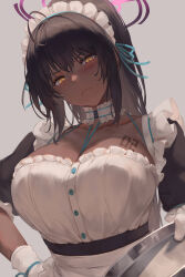 1girl ahoge apron between_breasts black_hair black_sleeves blue_archive blue_ribbon blush breast_tattoo breasts collar collarbone commentary dark-skinned_female dark_skin dress english_commentary frilled_collar frilled_dress frills frown gloves grey_background hair_ribbon halo hand_on_own_hip head_tilt highres holding holding_tray karin_(blue_archive) large_breasts long_hair looking_at_viewer maid maid_headdress number_tattoo ponytail purple_halo ribbon silverfox_hot69 simple_background solo strap_between_breasts tattoo tray upper_body white_apron white_gloves yellow_eyes