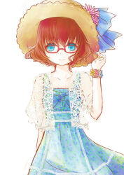 Rule 34 | 1girl, blue bow, blue dress, blue eyes, bow, brown hair, closed mouth, commentary request, cowboy shot, dress, flower, glasses, hat, hat bow, hat flower, lace shirt, looking at viewer, original, pink flower, red-framed eyewear, shirt, simple background, smile, solo, sun hat, sundress, white background, white shirt, yoru nagatsuki