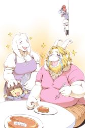 2boys 2girls artist_request asgore_dreemurr blonde_hair brown_hair facial_hair frisk_(undertale) furry goat multiple_boys multiple_girls sans_(undertale) skeleton tears toriel undertale undyne