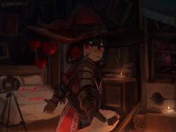 1girl 1other armor balloon beckoning bed belt black_hair brown_gloves dark flower flower_in_mouth gloves guillotine hat hat_belt heart_balloon highres holding_hands large_hat looking_at_viewer original petals poncho red_eyes red_poncho rose shelf short_hair shoulder_armor souperior tripod video_camera when_you_see_it witch_hat