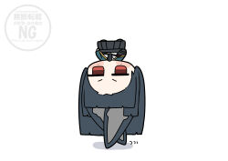1girl absurdly_long_hair absurdres animal_ear_fluff animal_ears black_hair black_necktie black_skirt blunt_bangs blunt_ends blush_stickers capelet chibi commentary_request fox_ears fox_girl green_capelet highres holding hoshimi_miyabi jitome long_hair necktie no_mouth pleated_skirt red_eyes shinonome_nashi shirt simple_background skirt solo upside-down very_long_ears very_long_hair watermark white_background white_shirt zenless_zone_zero
