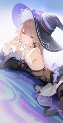 1girl absurdres ascot backless_dress backless_outfit black_choker black_dress black_hat black_pantyhose black_sleeves breasts brown_hair choker dress dutch_angle flower from_side hat herta_(honkai:_star_rail) highres honkai:_star_rail honkai_(series) jewelry jing_dian_da_mo_dao key key_necklace long_hair looking_at_viewer lying necklace on_stomach pantyhose parted_lips purple_eyes purple_flower small_breasts solo the_herta_(honkai:_star_rail) white_ascot wide_sleeves witch_hat