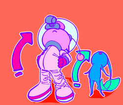 1boy arrow_(symbol) backpack bad_tag bag big_nose blue_pikmin blue_skin buttons closed_mouth colored_skin expressionless flat_color frown full_body gloves hands_on_own_hips height_difference helmet highres leaf leaning_back male_focus nintendo olimar orange_background outline parted_lips pikmin_(creature) pikmin_(series) pointy_ears radio_antenna red_bag red_gloves shadow simple_background space_helmet spacesuit standing stretching whistle white_outline yu_pikmin