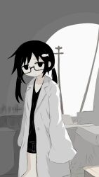 black_eyes black_hair black_shirt blush collarbone glasses h3n_sw hair_ornament hairpin lab_coat legs looking_at_viewer low_twintails oversized_clothes shimeji_simulation shirt thighs tsukishima_mina tsukishima_shijima&#039;s_sister twintails