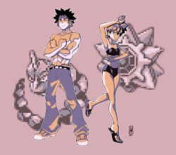 1boy 1girl abs armpits bikini blueharedraws breasts brock_(pokemon) creatures_(company) dark_skin flip-flops game_freak gen_1_pokemon holding legs midriff misty_(pokemon) muscular navel nintendo onix poke_ball pokemon pokemon_(creature) pokemon_rgby sandals shoes short_hair spread_legs standing starmie sweat swimsuit