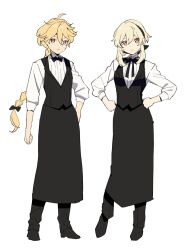 1boy 1girl aether_(genshin_impact) alternate_costume black_bow black_footwear black_hairband black_pants black_vest bow bowtie closed_mouth full_body genshin_impact hair_bow hairband hands_on_own_hips hidakarumen light_smile long_skirt lumine_(genshin_impact) no_pupils pants shirt shoes siblings side-by-side simple_background sketch skirt skirt_set traditional_bowtie twins vest waiter waitress white_background white_shirt