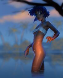 1girl :o abs absurdres armpits ass bandeau bare_shoulders blue_sky blurry blurry_background blurry_foreground bob_cut breasts cloud commentary covered_erect_nipples cowboy_shot dark-skinned_female dark_skin foliage from_side fushigi_no_umi_no_nadia green_eyes highres looking_at_viewer looking_to_the_side maebari nadeara_bukichi nadia_la_arwall navel no_pants open_mouth palm_tree partially_submerged purple_hair reflection reflective_water short_hair sky small_breasts solo strapless surprised toned toned_female tree tube_top underboob wading water white_bandeau white_tube_top