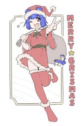 1girl :d absurdres animal_ears arm_up bear_ears bear_girl bell belt belt_around_waist belt_buckle black_belt blue_bow blue_hair blue_ribbon blunt_bangs blunt_ends blunt_sidelocks bob_cut bow box buckle buttons center-flap_bangs christmas clenched_hand collared_dress commentary dot_nose dress ears_through_headwear english_commentary english_text eyebrows_hidden_by_hair fang flat_chest floating_clothes full_body fur-trimmed_collar fur-trimmed_dress fur-trimmed_headwear fur-trimmed_thighhighs fur_anklet fur_trim gift gift_box go!_go!_gris! grin gris_(vertigris) hand_up happy hat highres holding holding_sack invisible_floor knees_together_feet_apart leaf leaning_to_the_side leg_up long_eyelashes looking_at_viewer merry_christmas neck_bell no_shoes one_eye_closed open_mouth original outstretched_arm pink_eyes pom_pom_(clothes) pun raised_eyebrow red_eyes red_hat red_thighhighs ribbon sack santa_costume santa_dress santa_hat short_dress short_hair short_sleeves sidelocks smile solo standing standing_on_one_leg star_(symbol) thick_eyelashes thighhighs thighs torn_bag v vertigris white_background wide-eyed wide_sleeves